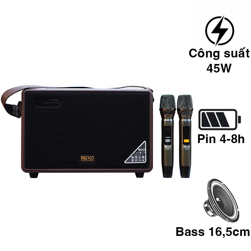 Loa Neko NK02, Công Suất 45W, Bass 16.5cm, Pin 4- 8h, Kèm 2 Tay Mic