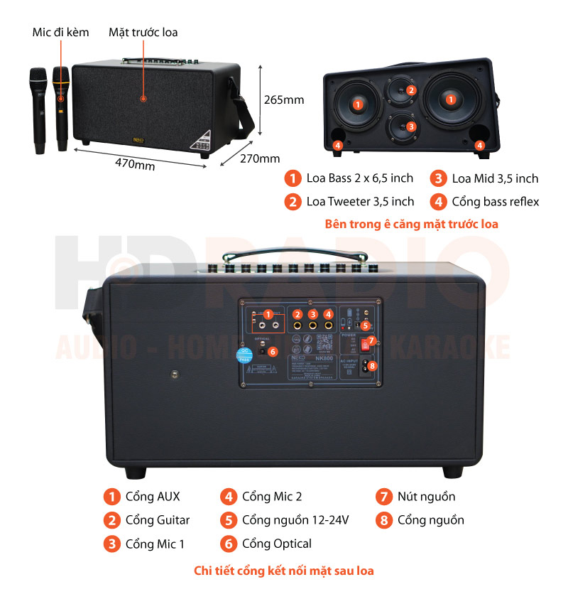 Loa Neko NK800, Bass 16.5cm, công Suất 120W, Pin 6-7h, Kèm 2 Tay Mic (có sẵn pin cho mic và có thể sạc lại)-27