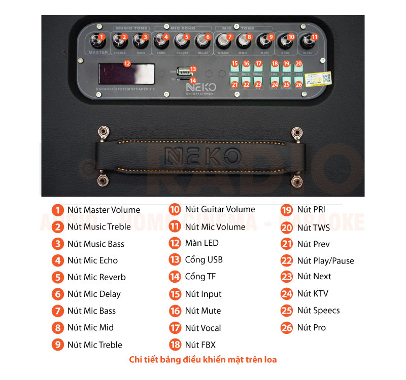 Loa Neko NK800, Bass 16.5cm, công Suất 120W, Pin 6-7h, Kèm 2 Tay Mic (có sẵn pin cho mic và có thể sạc lại)-28