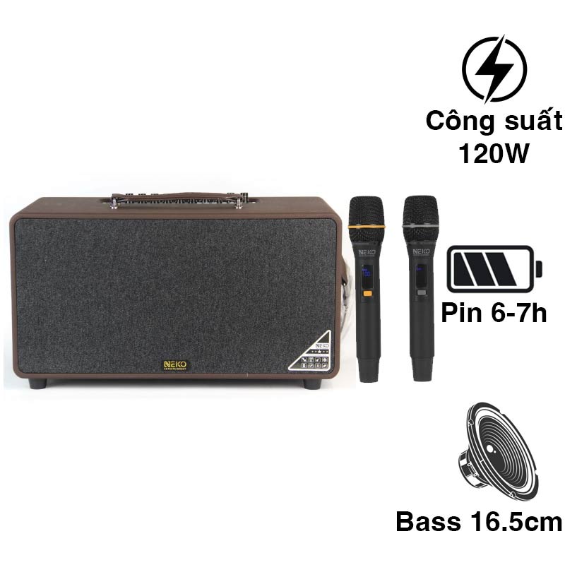 Loa Neko NK800, Bass 16.5cm, công Suất 120W, Pin 6-7h, Kèm 2 Tay Mic (có sẵn pin cho mic và có thể sạc lại)