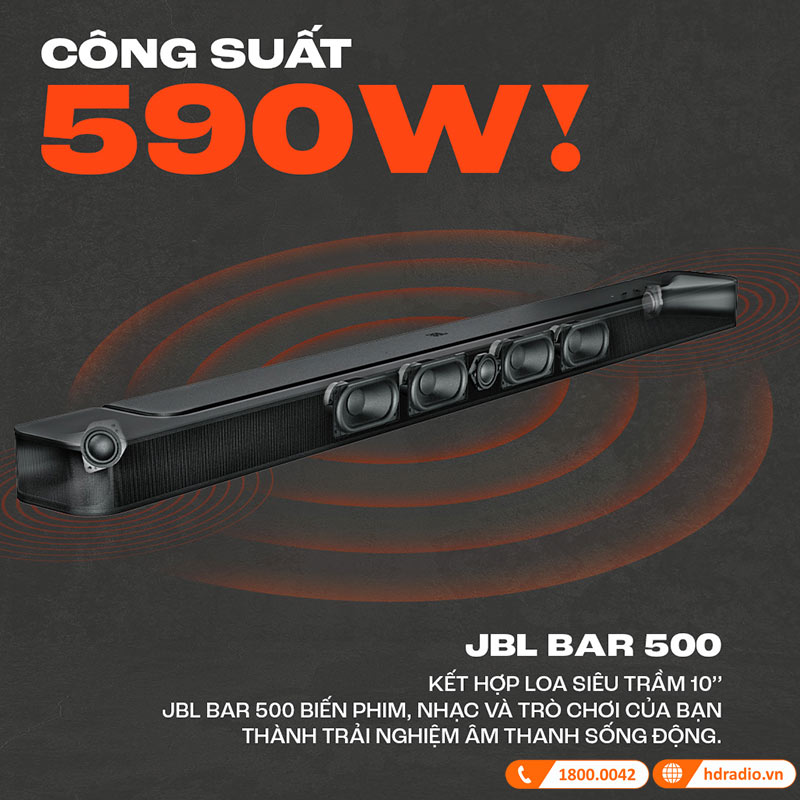 Loa JBL Bar 500 Chính Hãng, Công Suất 590W, Dolby Atmos, Bluetooth 5.0, Wifi, HDMI, Optical, (Âm Thanh Vòm Ảo 5.1 Kênh)-3