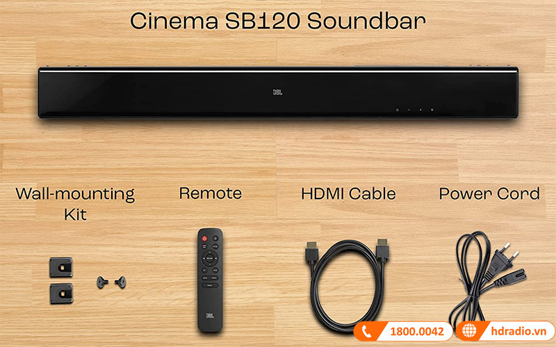 Loa soundbar JBL Cinema SB120 trong hộp bao gôm 