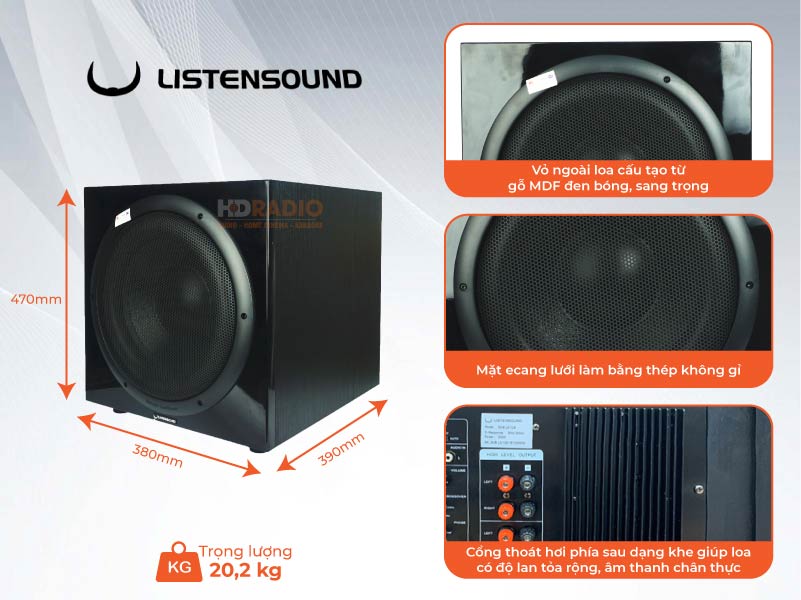 Kích thước điểm nổi bật của loa siêu trầm Listensound LS12A