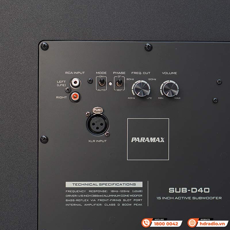 các núm chỉnh Loa sub Paramax D40 mặt sau