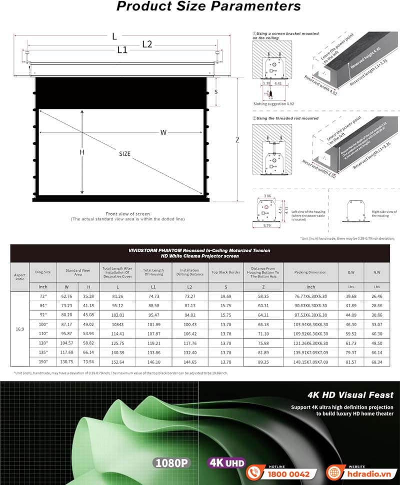 Màn chiếu âm trần Vivisdtorm VPCLW110H