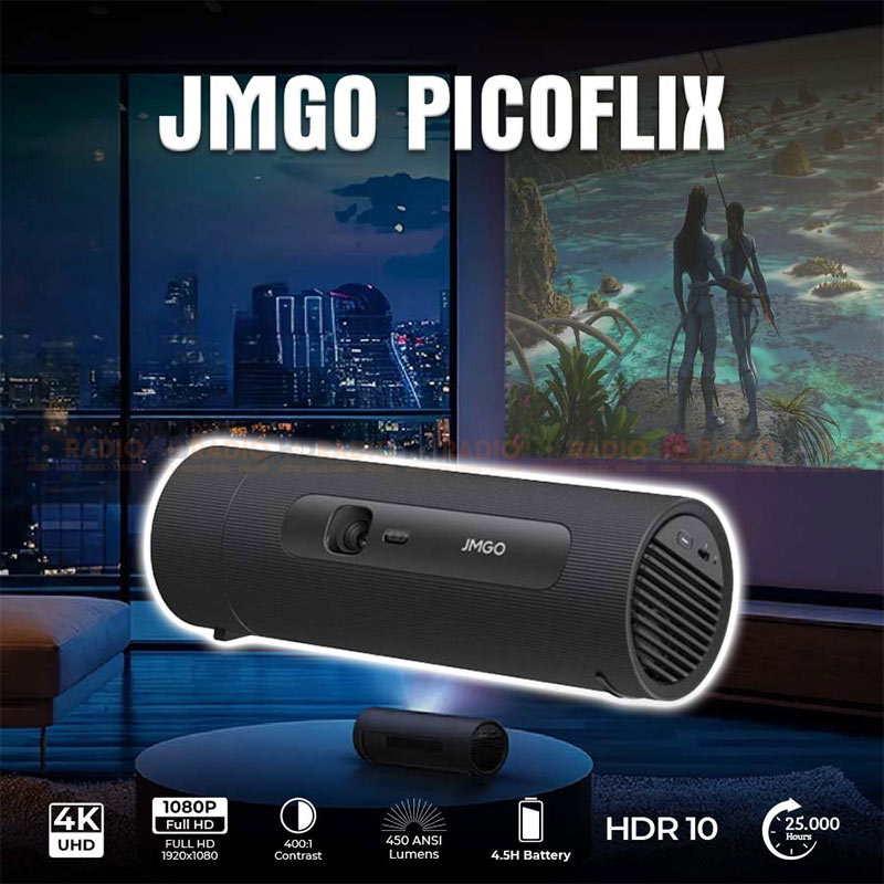 Máy Chiếu Jmgo Picoflix, Pin 4.5h, 450 Ansi Lumens, Full HD (1920x1080p) 40-180 inch, Bluetooth, Wifi, Google TV, App Smartphone JMGO-9
