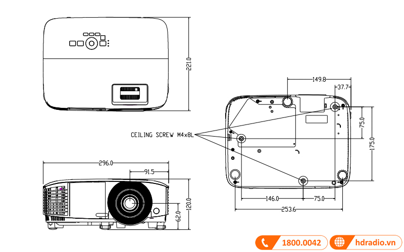 kich thuoc may chieu benq mx550