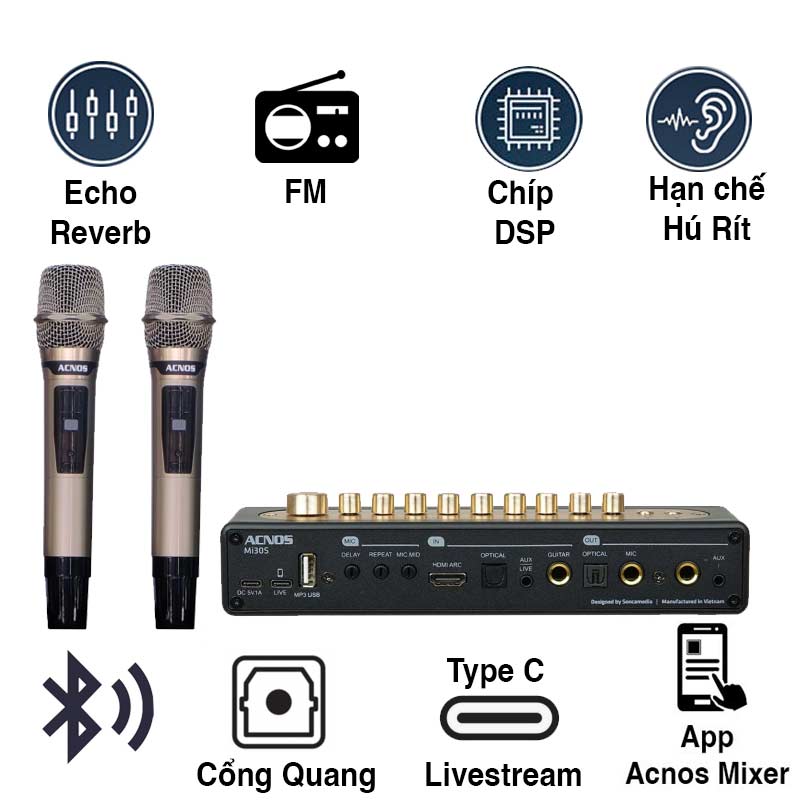 Micro Kèm Vang Acnos Mi30s V2, Bluetooth, FM, LIVE, MP3 USB, HDMI ARC, OPTICAL, GUITAR, MIC, AUX
