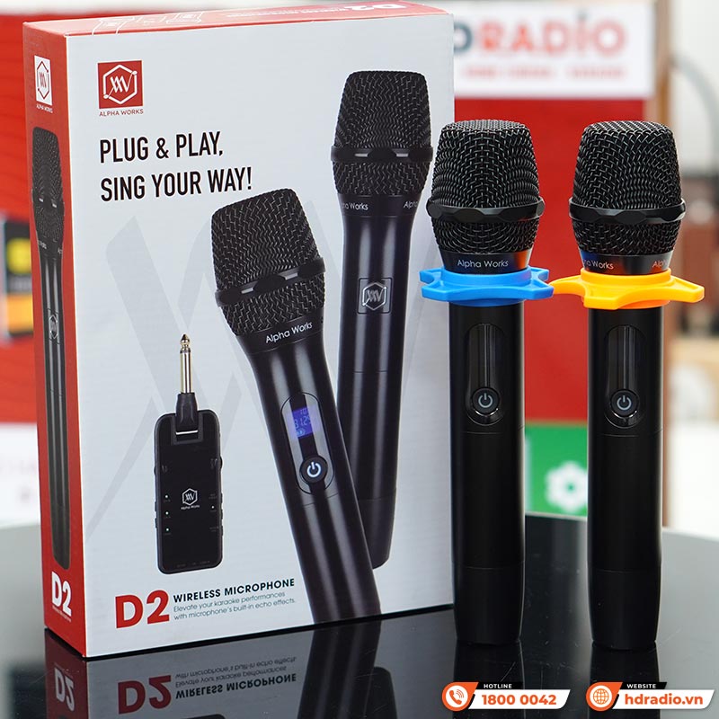 Micro Không Dây Alpha Works D2, Kết nối qua cổng 6 ly hoặc AUX 3,5mm, 2 tay mic, Chuyên cho loa bluetooth-16