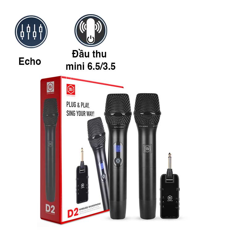 Micro Không Dây Alpha Works D2, Kết nối qua cổng 6 ly hoặc AUX 3,5mm, 2 tay mic, Chuyên cho loa bluetooth