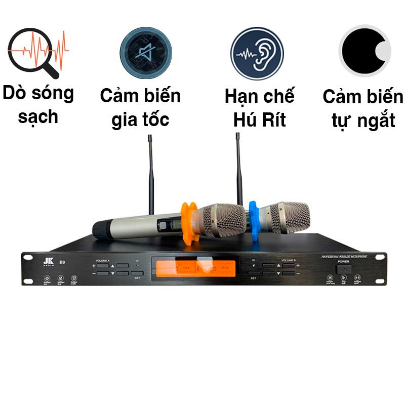 Micro không dây JKAudio B9, Cảm biết gia tốc, Cảm biến tự ngắt, Dò sóng sạch