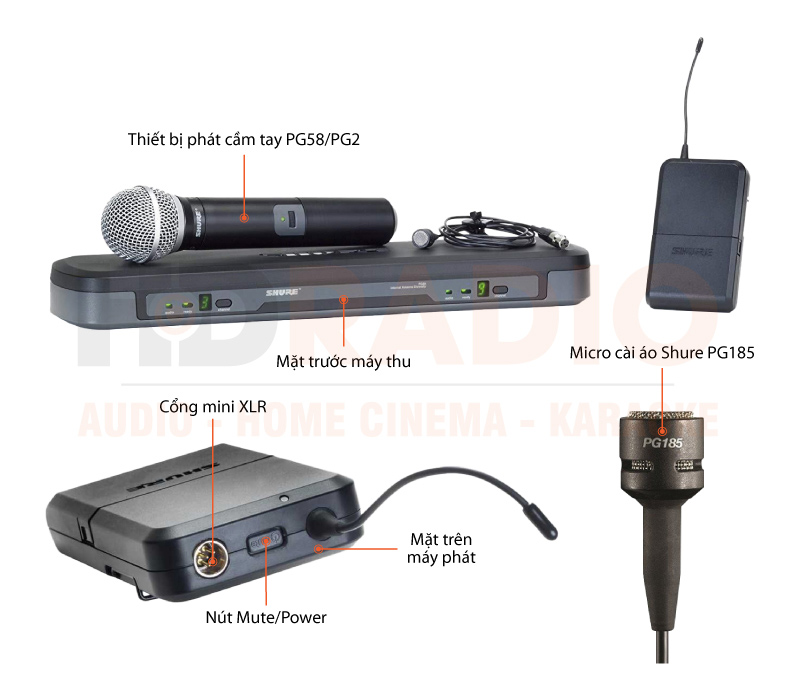 Chú thích Bộ thu và phát kèm micro không dây cầm tay và cài áo Shure PG1288/PG185