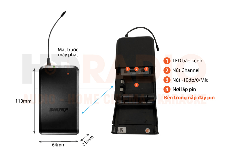 Chú thích Bộ thu và phát kèm micro không dây cầm tay và cài áo Shure PG1288/PG185