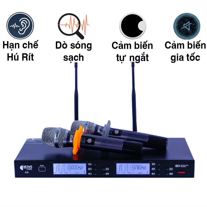 Micro Không Dây Kiwi A8, Cảm biết gia tốc, Cảm biến tự ngắt, Dò sóng sạch