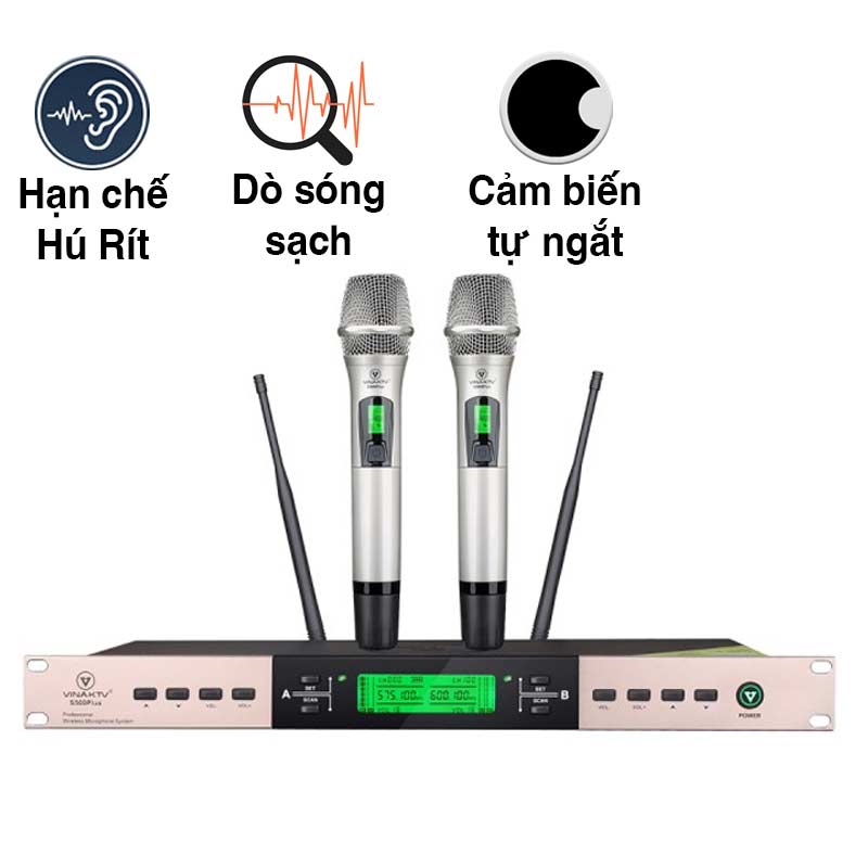Micro không dây VinaKTV S500 Plus, Cảm Biến Tự Ngắt, Có Khả Năng Dò Sóng Sạch