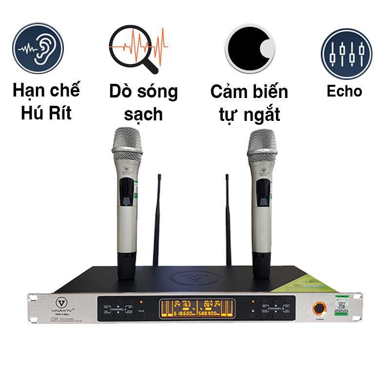 Micro không dây VinaKTV S600X Max, Cảm biến tự ngắt, Chống hú, Echo