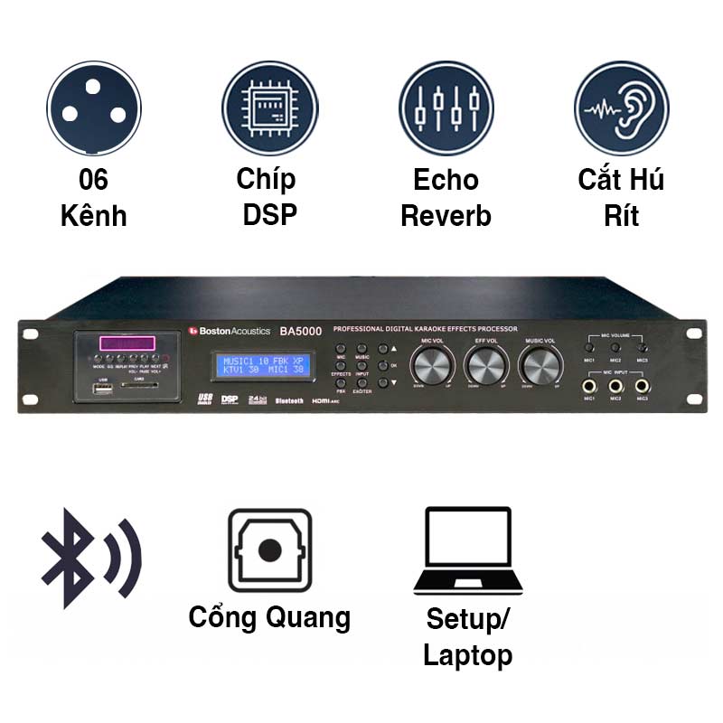 Vang số Boston BA5000, Optical, Bluetooth, Echo + Reverb, DSP