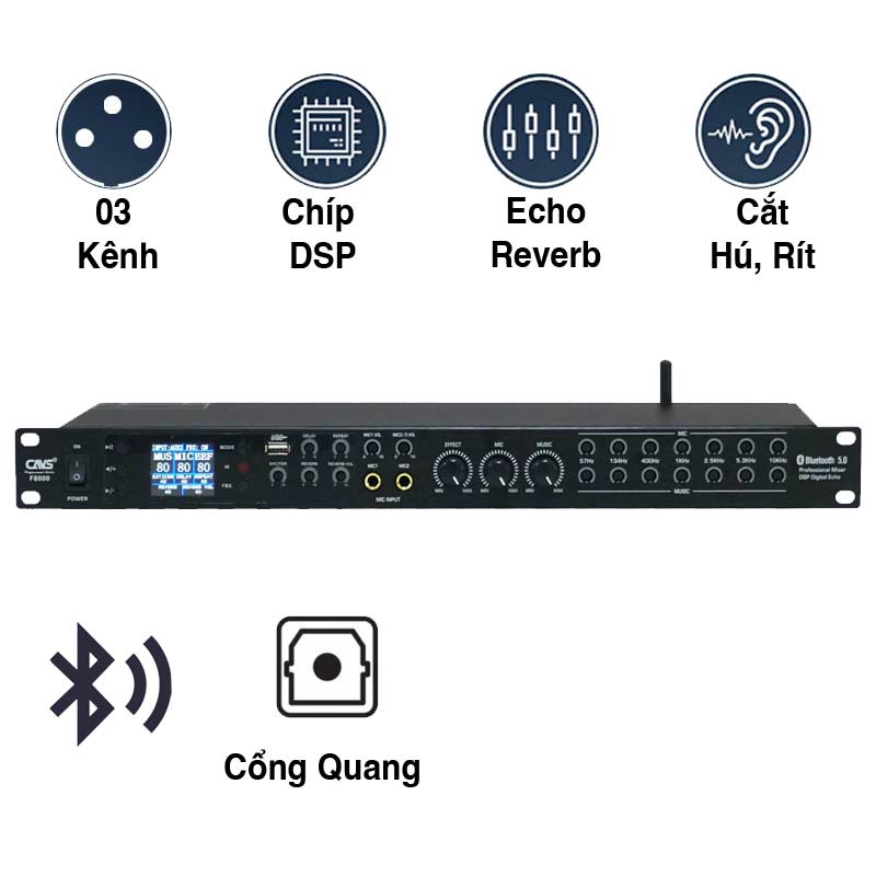 Vang Cơ CAVS F8000, Bluetooth 5.0, Chống Hú Rít, Tích hợp Equalizer Micro và Music, Echo + Reverb
