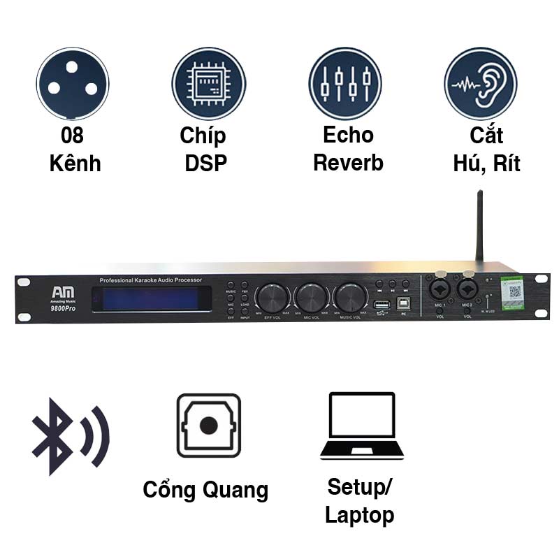 Vang số AM 9800 Pro, Chống Hú, Echo Reverb, Cổng Quang, ARC