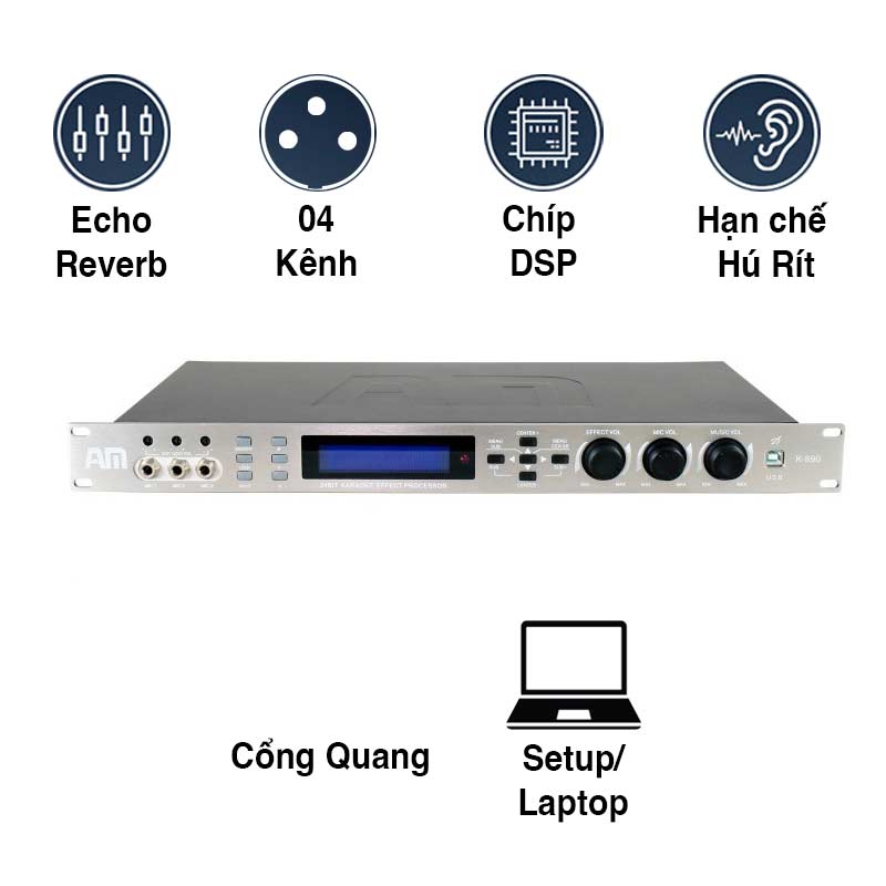 Mixer Digital AM K890, Echo + Reverb, Chống hú Rít