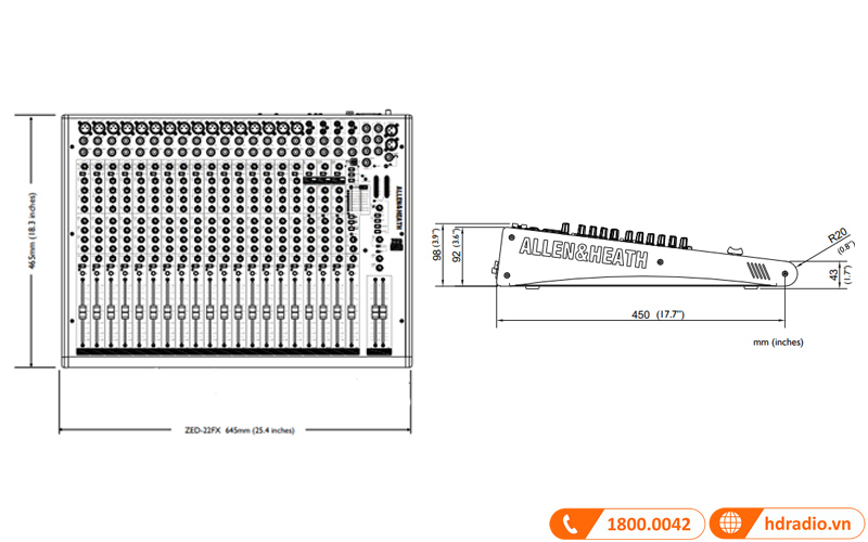 kich thuoc ban mixer allen heath zed 22fx