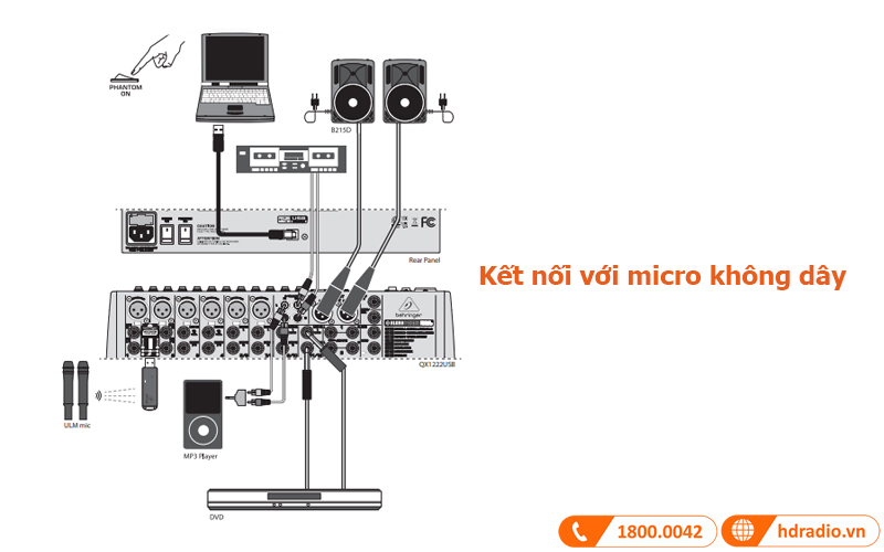Bàn mixer Behringer Xenyx QX 1222 USB kết nối micro không dây
