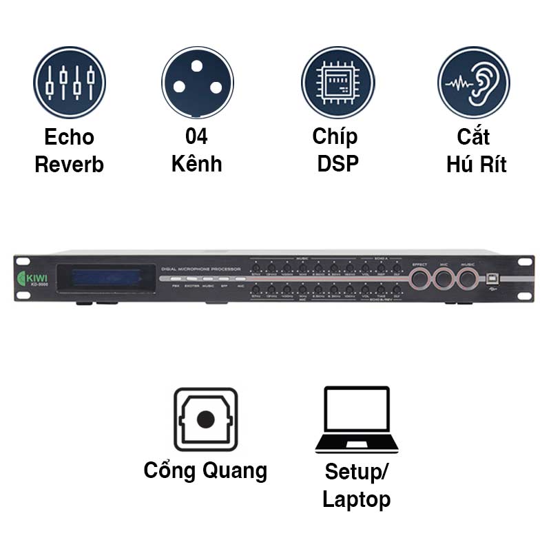 Vang số chỉnh cơ KIWI KD9000, Echo + Reverb, Chống hú rít