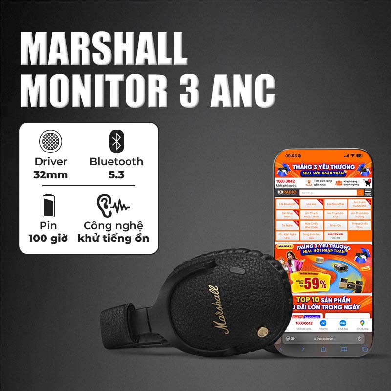 Tai Nghe Chụp Tai Marshall Monitor III (3) A.N.C, Chống Ồn, Pin 100 Giờ, Bluetooth 5.3-6