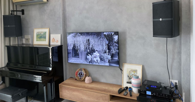 Lắp dàn loa full anh Đức ở Bình Thạnh, Hồ chí Minh (Loa Wharfedale WH10 NEO, Cục công suất Wharfedale CPD2600, Vang số JKaudio X8000, Micro không dây JBL VM300, Đầu Hanet Playx One 3TB)