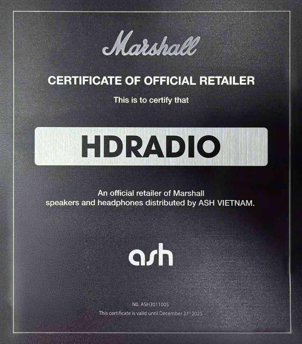 Chứng nhận HDRadio là chuỗi cửa hàng phân phối loa marshall chính hãng uy tín nhất Việt Nam do hãng Marshall trao tặng năm 2025