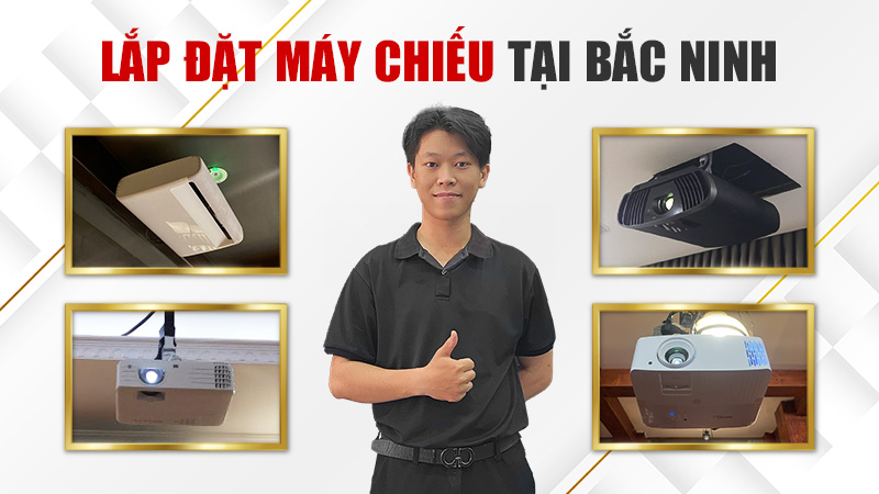 Quảng cáo dịch vụ lắp đặt máy chiếu uy tín tại Bắc Ninh, với bốn mẫu máy chiếu khác nhau và một kỹ thuật viên mặc áo polo đen giơ ngón tay cái biểu thị sự hài lòng.