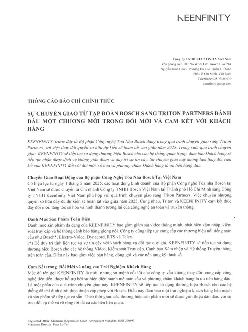 Ảnh thông cáo báo chí chính thức sự chuyển giao từ Tập đoàn Bosch sang Triton Partners
