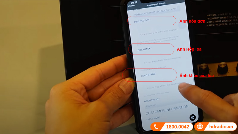 Trên trang kích hoạt bảo hành của hãng marshall Nhập tiếp các thông tin bao gồm: hóa đơn bán, ảnh hộp loa, và một vài ảnh khác về mẫu loa marshall chính hãng bạn muốn kích hoạt