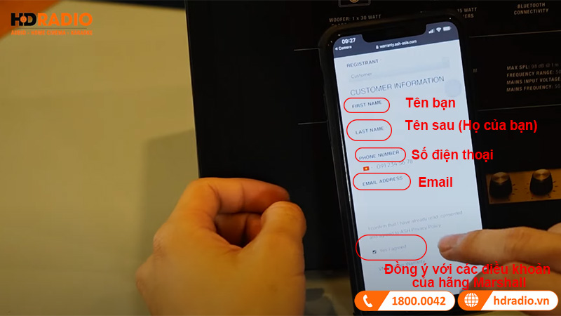 Trên trang kích hoạt bảo hành của hãng marshall bạn nhập đầy đủ thông tin Tên bạn (tên gọi và họ của bạn) Số điện thoại Email Sau đó bạn tích vào ô đồng ý với các điều khoản bảo hành của hãng Marshall ở cuối cùng để hoàn tất quá trình Kích hoạt bảo hành chính hãng sản phẩm